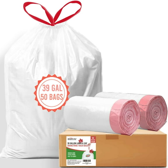 BEIDOU-PAC 39 Gallon Lawn & Leaf Drawstring Trash Bags, 50 Count | Heavy Duty | White | Unscented Can Liners