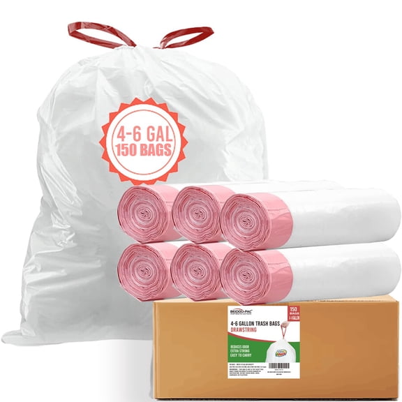 BEIDOU-PAC 4-6 Gallon Trash Bags Drawstring, 150 Count, White & Unscented Garbage Can Liners