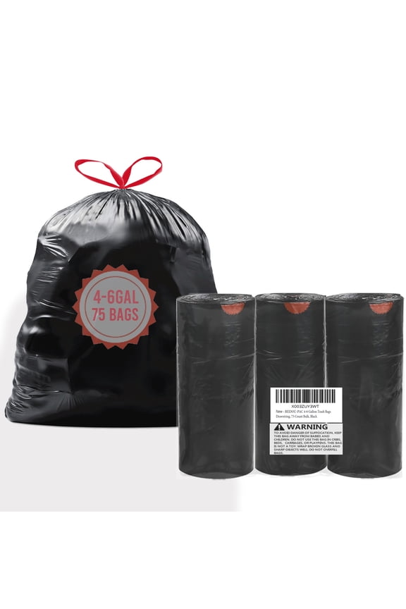 4-6 Gallon Trash Bags Drawstring, 75 Count, Black & Unscented Garbage Can Liners