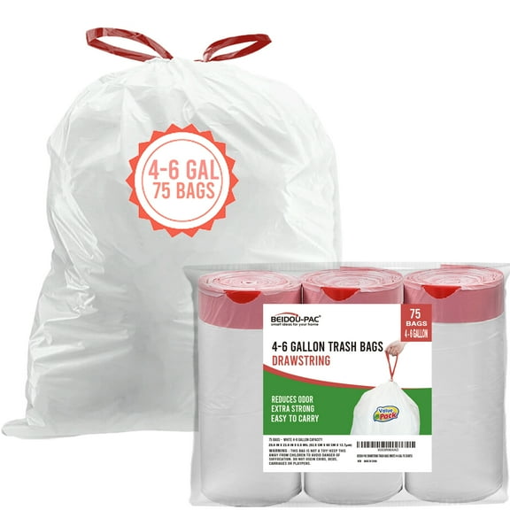BEIDOU-PAC 4-6 Gallon Trash Bags Drawstring, 75 Count, White & Unscented Garbage Can Liners