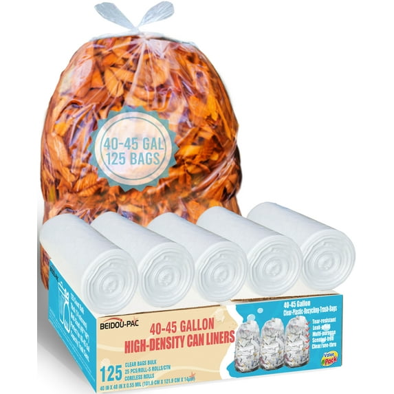 BEIDOU-PAC 40-45 Gallon Lawn & Leaf Trash Bags, 125 Count, Heavy Duty Clear Plastic Recycling Bags, Unscented