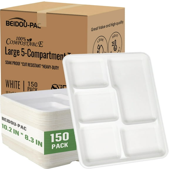 BEIDOU-PAC 5 Compartment, Compostable, Heavy Duty Disposable Paper Plates, 10.3"* 8.3", 150 Count Lunch Tray