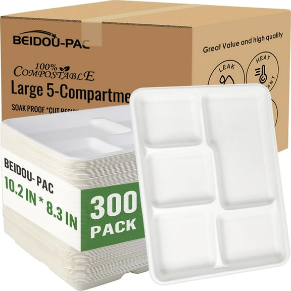 BEIDOU-PAC 5 Compartment, Compostable, White Heavy Duty Disposable Paper Plates, 10.3"* 8.3", 300 Count Lunch Tray