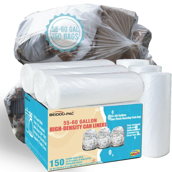 BEIDOU-PAC 55-60 Gallon Trash Bags, 150 Count, Heavy Duty Clear Plastic Recycling Bags, Unscented