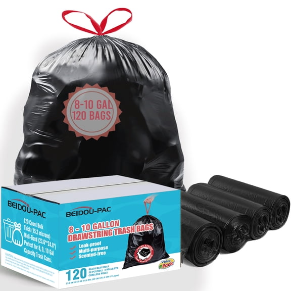 BEIDOU-PAC 8-10 Gallon Trash Bags Drawstring, 120 Count, Black & Unscented Medium Garbage Can Liners