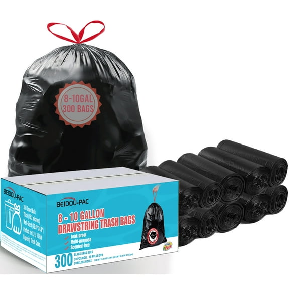 BEIDOU-PAC 8-10 Gallon Trash Bags Drawstring, 300 Count, Black & Unscented Medium Garbage Can Liners