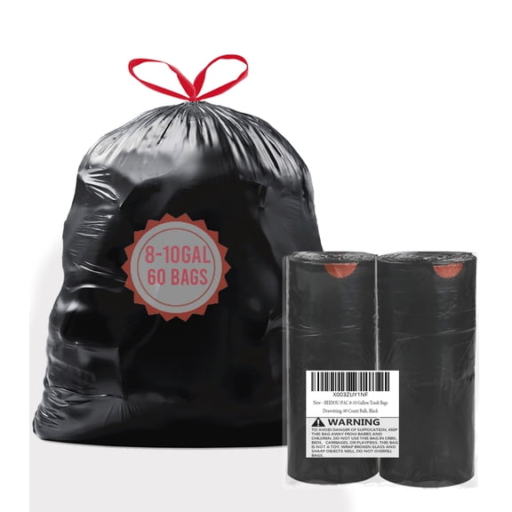 BEIDOU-PAC 8-10 Gallon Trash Bags Drawstring, 60 Count, Black & Unscented Medium Garbage Can Liners