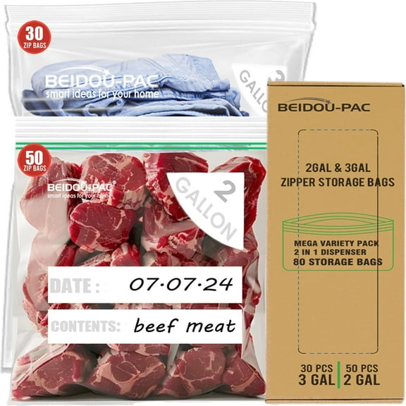 BEIDOU-PAC Combo Large Storage Zip Bags 80 Count, 2 Gallon & 3 Gallon Resealable Variety Pack With Organizer, Reclosable Clear Plastic Bags