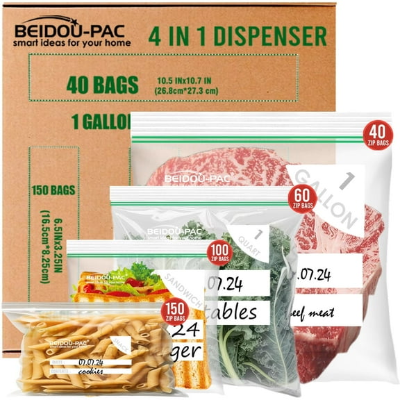 BEIDOU-PAC Combo Storage Zip Bags 350 Count, Resealable Variety Pack With Organizer, Reclosable Clear Plastic Snack, Sandwich, Quart, Gallon Bags