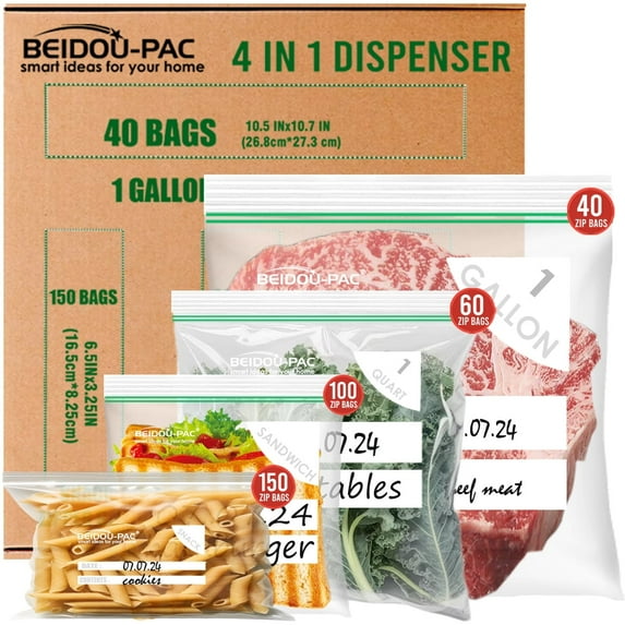 BEIDOU-PAC Combo Storage Zip Bags 350 Count, Resealable Variety Pack With Organizer, Reclosable Clear Plastic Snack, Sandwich, Quart, Gallon Bags