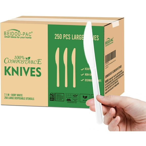 BEIDOU-PAC 250 Count Compostable Disposable Non Plastic Knives, Large Heavy Duty Biodegradable Utensils, Eco Friendly Durable Sturdy Recyclable Knives Flatware Silverware for Party Wedding Daily Use