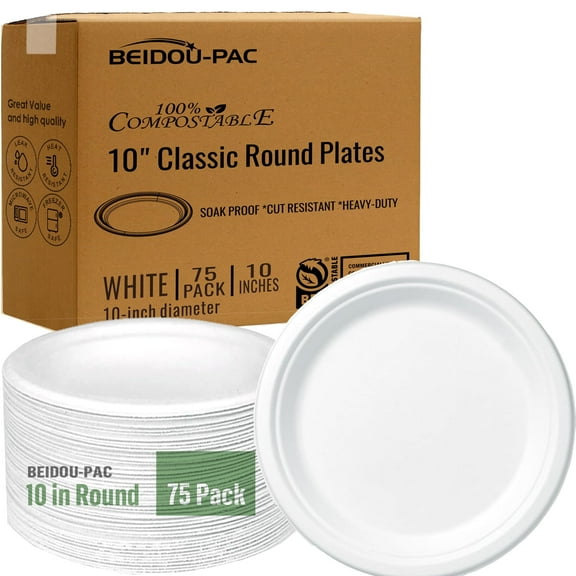 BEIDOU-PAC 10 Inch Compostable Heavy Duty Disposable Paper Plates, 75 Count White Natural Biodegradable Eco-Friendly Sugarcane Lunch Tray