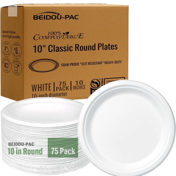 BEIDOU-PAC 10 Inch Compostable Heavy Duty Disposable Paper Plates, 75 Count White Natural Biodegradable Eco-Friendly Sugarcane  Lunch Tray