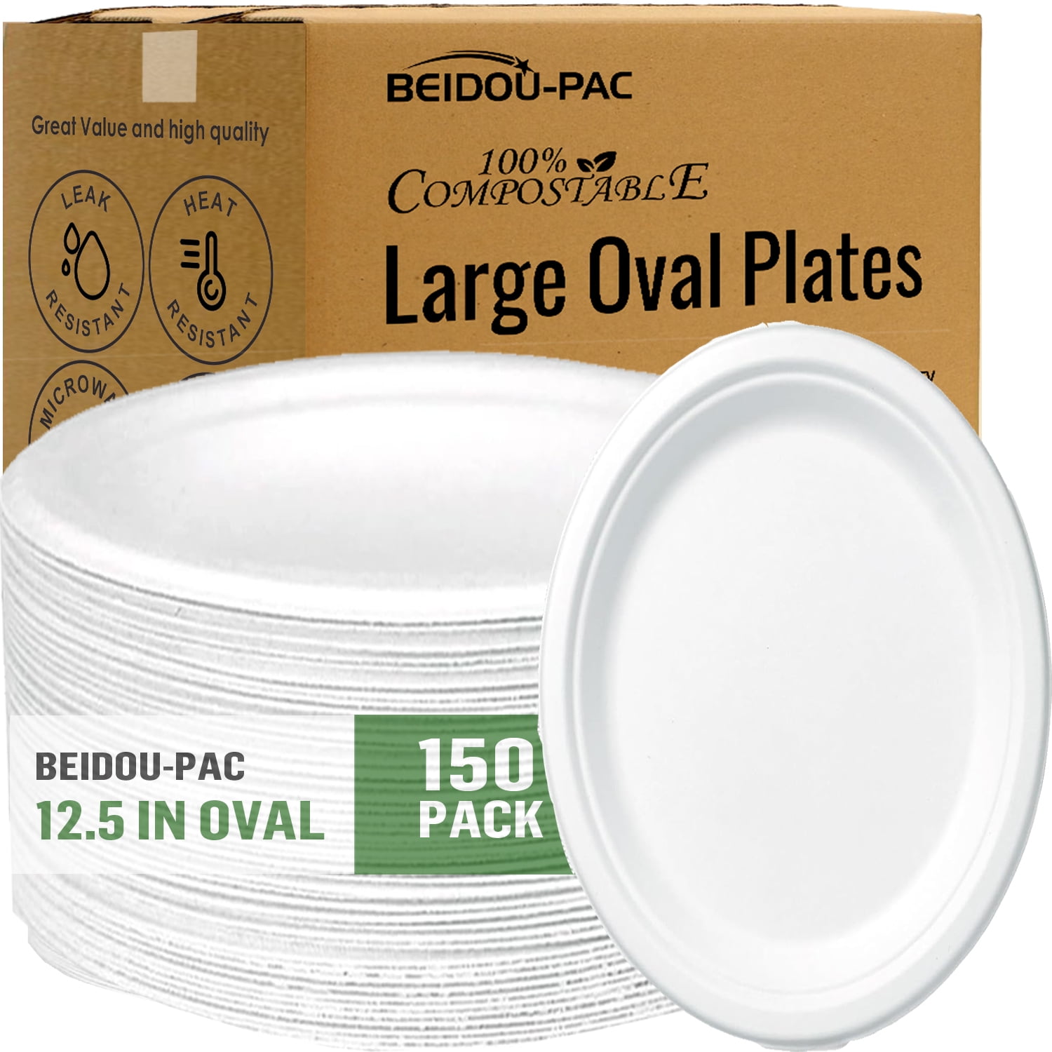BEIDOU-PAC Compostable Heavy Duty Disposable Oval Paper Plates, 150 Count | 12.5 Inch | Natural Bagasse, Biodegradable Eco-Friendly Sugarcane BBQ, Party, Gathering, Picnic White Sugarcane Tray