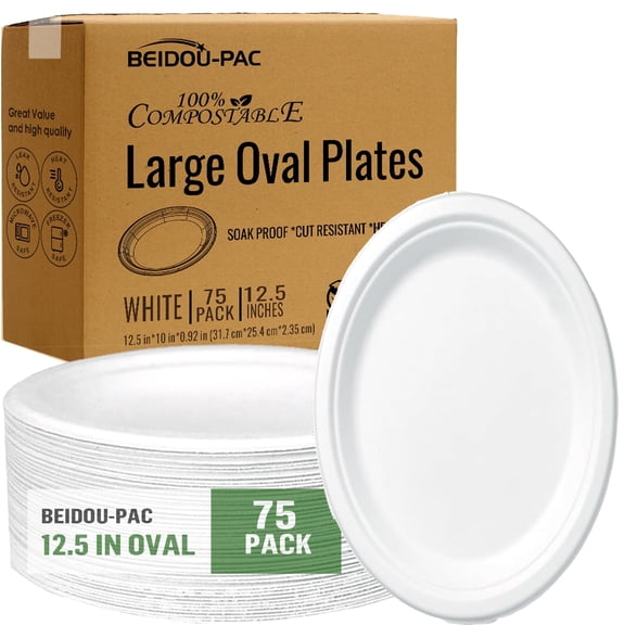BEIDOU-PAC Compostable Heavy Duty Disposable Oval Paper Plates, 75 Count | 12.5 Inch | Natural Bagasse, Biodegradable Eco-Friendly Sugarcane BBQ, Party, Gathering, Picnic White Sugarcane Tray