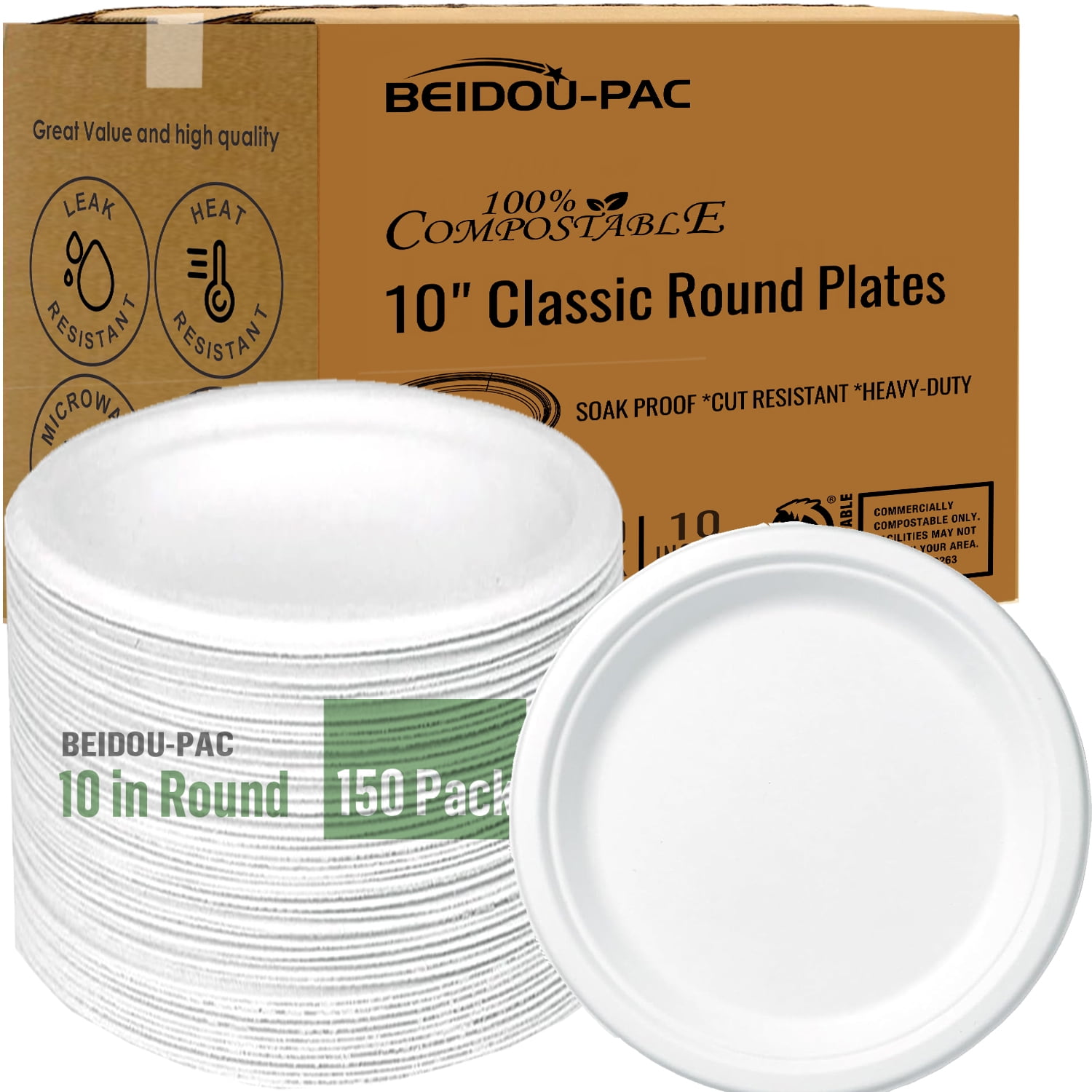 BEIDOU-PAC Compostable Heavy Duty Disposable Paper Plates, 150 Count | 10 Inch Round | Natural Bagasse, White Biodegradable Eco-Friendly Sugarcane BBQ, Party, Gathering, Picnic Sugarcane Tray
