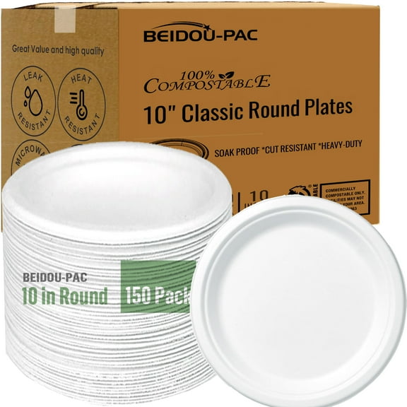 BEIDOU-PAC Compostable Heavy Duty Disposable Paper Plates, 150 Count | 10 Inch Round | Natural Bagasse, White Biodegradable Eco-Friendly Sugarcane BBQ, Party, Gathering, Picnic Sugarcane Tray