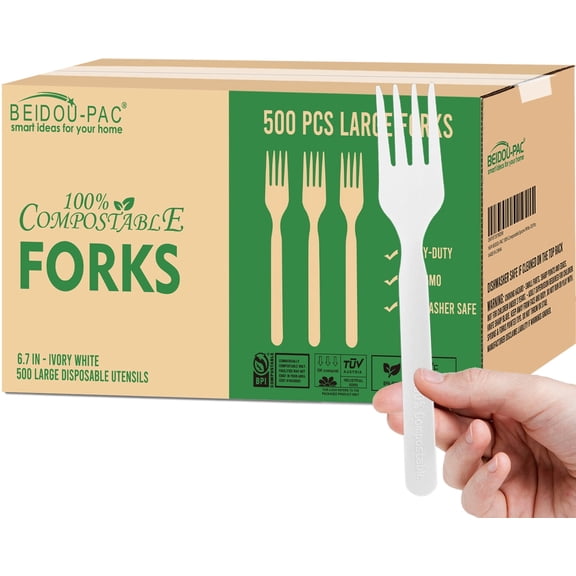 BEIDOU-PAC 500 Count Compostable Disposable Non Plastic Forks, Large Heavy Duty Biodegradable Utensils, Eco Friendly Durable Sturdy Recyclable Forks Flatware Silverware for Party Wedding Daily Use