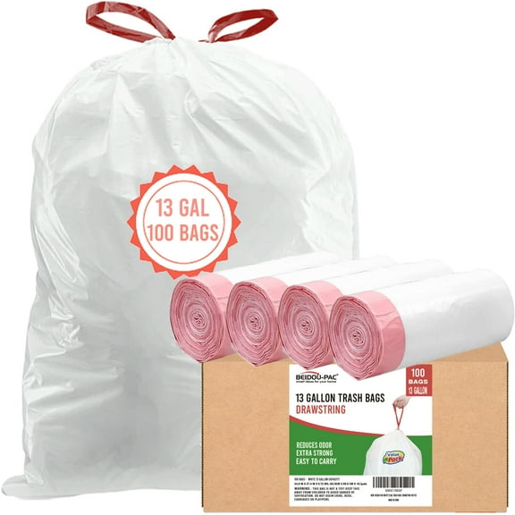 BEIDOU-PAC Tall Kitchen Drawstring Trash Bags 13 Gallon, 100 Count, Heavy Duty White & Unscented Can Liners