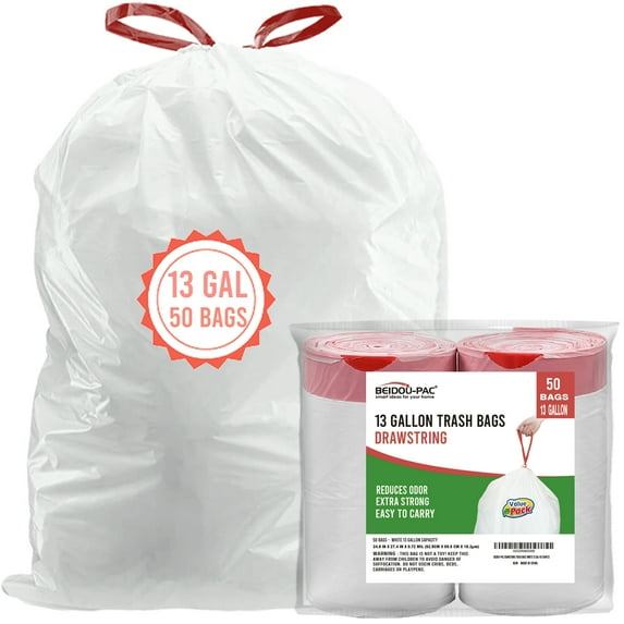 BEIDOU-PAC Tall Kitchen Drawstring Trash Bags 13 Gallon, 50 Count, Heavy Duty White & Unscented Can Liners