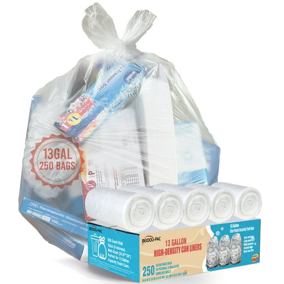 BEIDOU-PAC Tall Kitchen Trash Bags 13 Gallon, 250 Count, Unscented Clear Plastic Recycling Bags