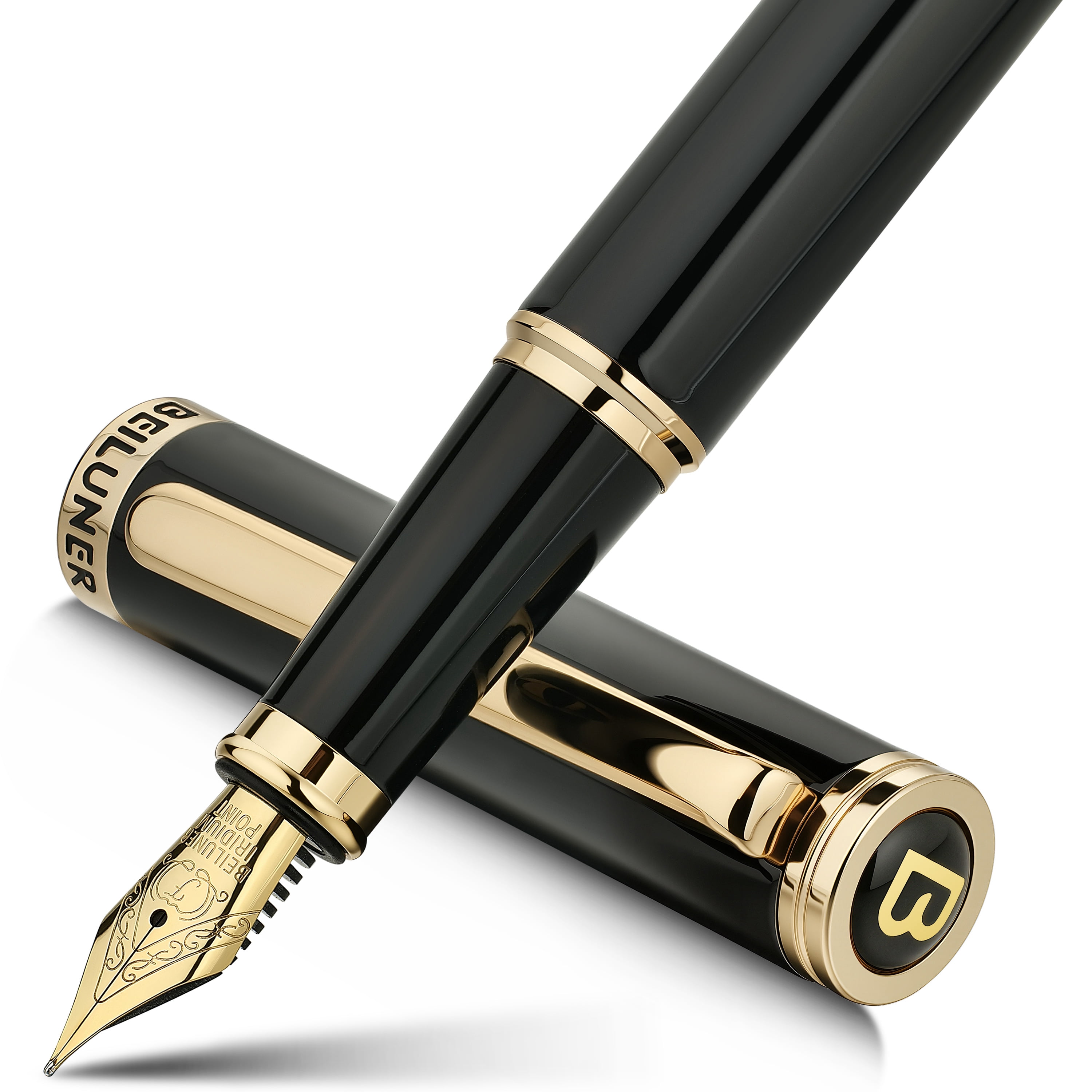 BEILUNER Black Fountain Pen,Stunning Luxury Pen,24K Gilded Nib(Fine),Gorgeous 24K Gold Finish,German Schneider Ink Converter,Trustworthy Pen Gift for Men&Women