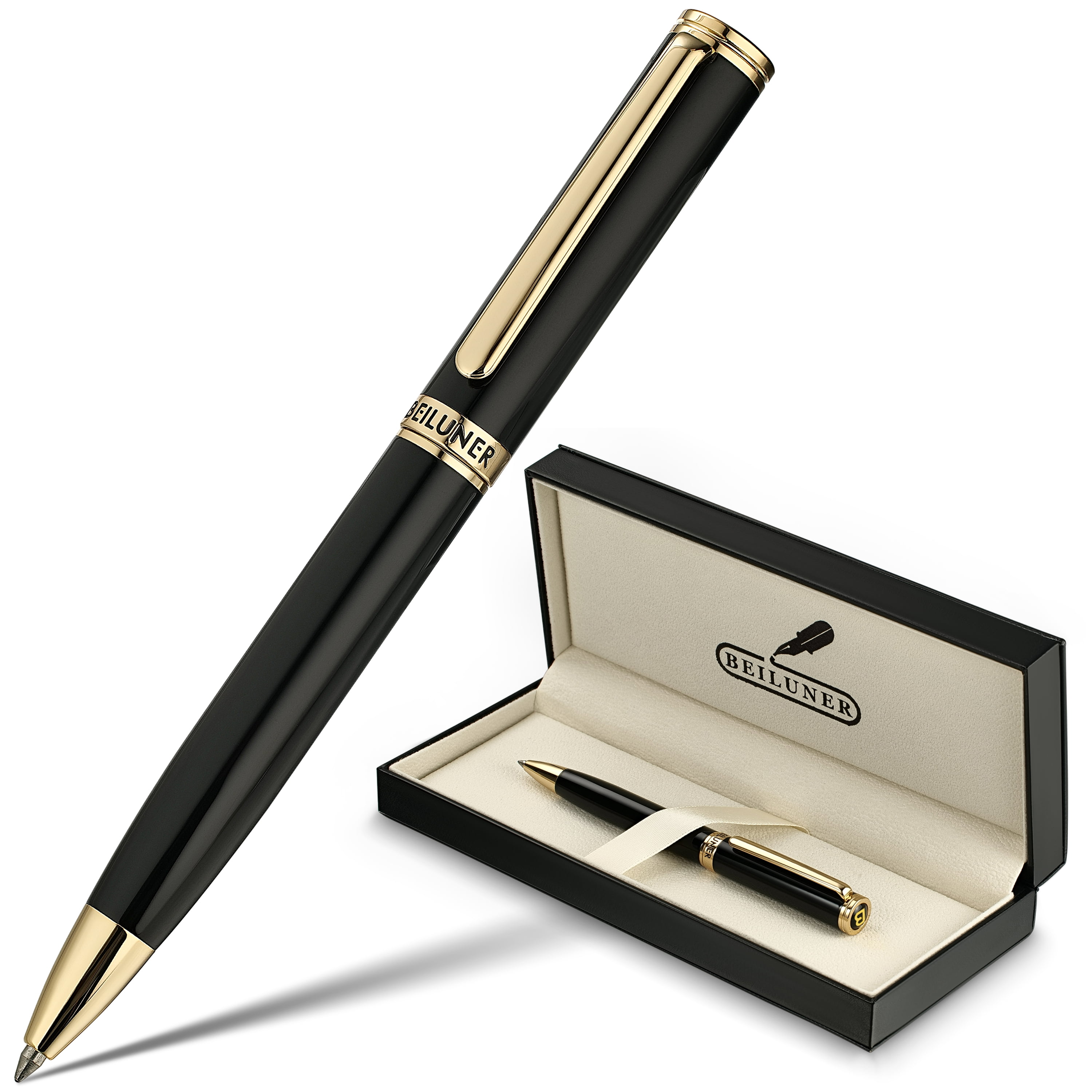 BEILUNER Black Gel Pens,Peerless Pen with 24K Gold Trim,The Exquisite Product Detail, Fancy Leather Box- Pen Gift Set for Men & Women-Executive, Office, Nice Designer Pens