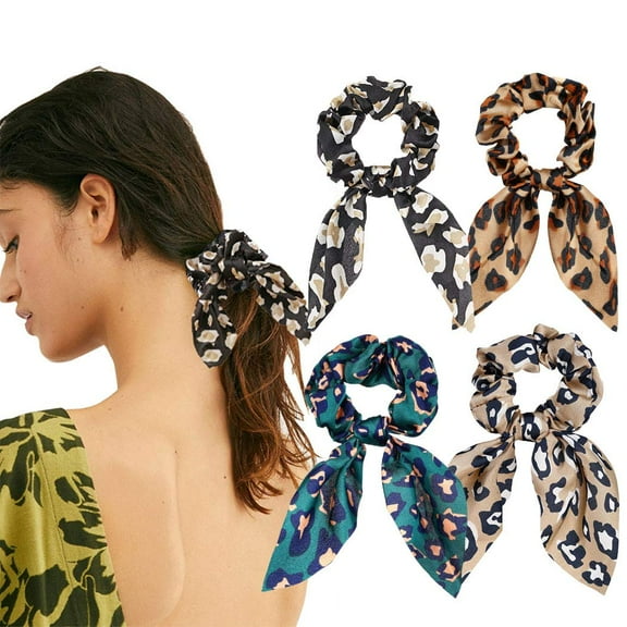 BEIMELI artosi Bow Hair Ties Green Hair Scrunchies Stretch Ponytail Holder Hair Bands Accessories for Women and Girls (Pack of 4) (Leopard)