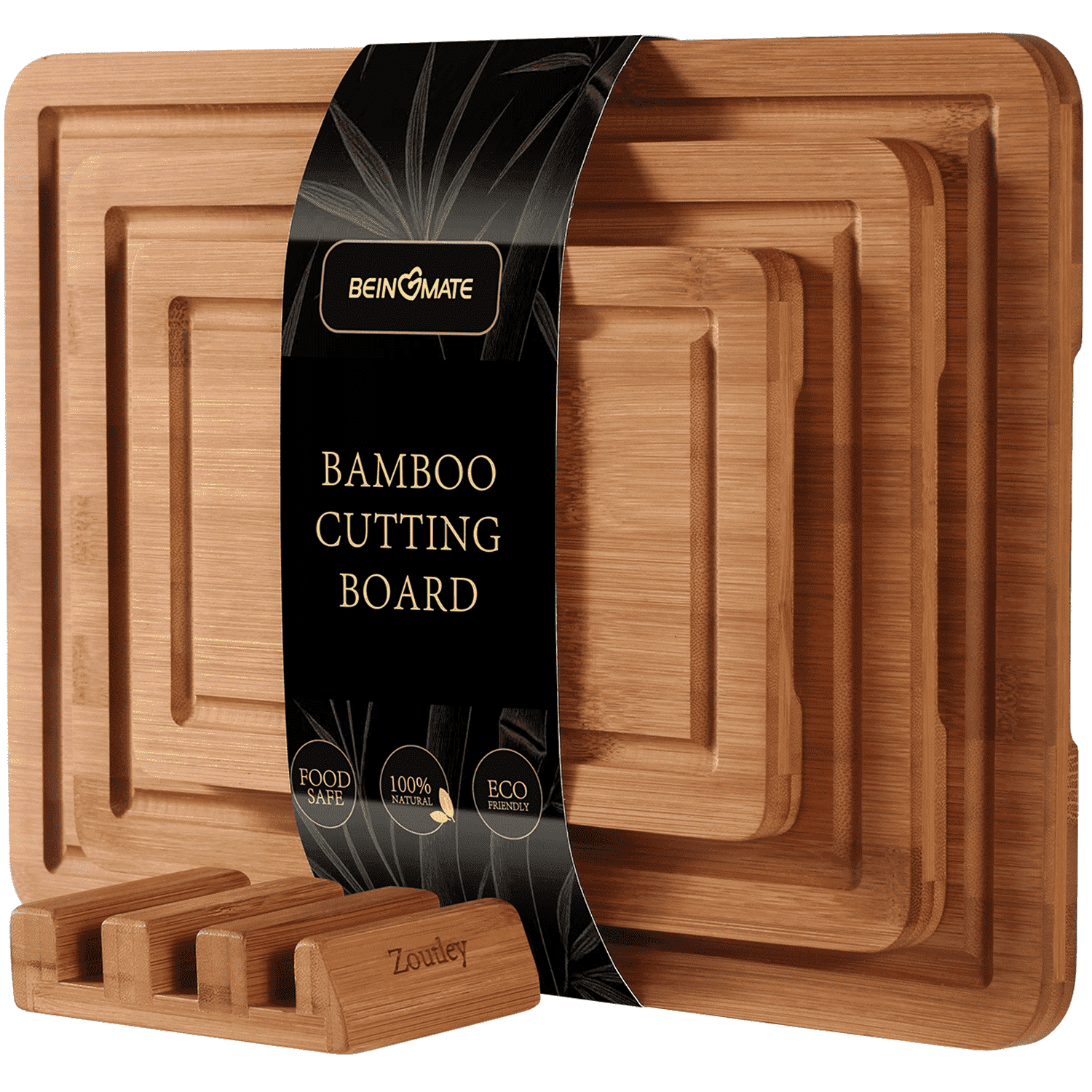 BEINGMATE Care 3-Piece Deep Carbonized Bamboo Cutting Board Set with Storage Stand | Deep Juice Grooves & Easy-Grip Handles | Knife-Friendly, Durable Chopping Boards for Meat, Vegetables & Fruit