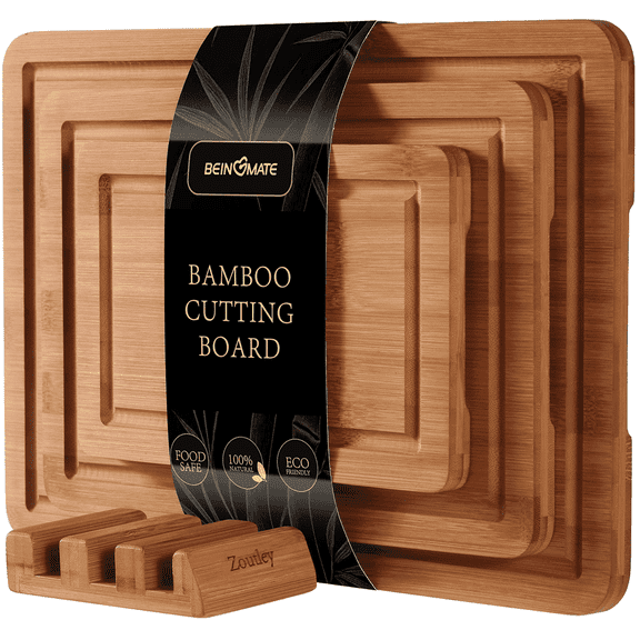 BEINGMATE Care 3-Piece Deep Carbonized Bamboo Cutting Board Set with Storage Stand | Deep Juice Grooves & Easy-Grip Handles | Knife-Friendly, Durable Chopping Boards for Meat, Vegetables & Fruit