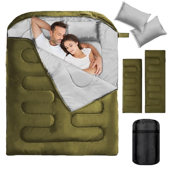BEIOU Two Person Sleeping Bag for Camping Queen Size Lightweight Sleeping Bag for Adults 2Person Double Sleeping Bag for Hiking, Backpacking with Compression Sack and Pillow,6.5lbs, Olive green