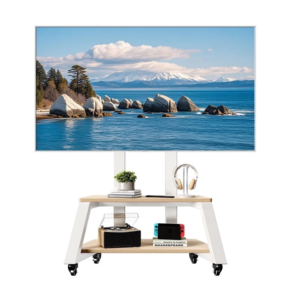 BEISHI Mobile TV Stand with Wheels for 32-86 Inch TVs, Height Adjustable Rolling TV Cart with Dual Wood Shelves, Fits VESA up to 600 x 450 mm, Supports up to 180 lbs