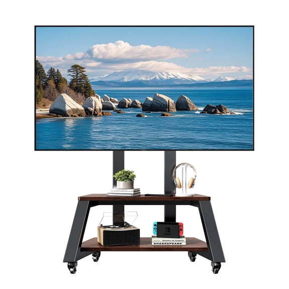 BEISHI Mobile TV Stand with Wheels for 32-86 Inch TVs, Height Adjustable Rolling TV Cart with Dual Wood Shelves, Fits VESA up to 600 x 450 mm, Supports up to 180 lbs