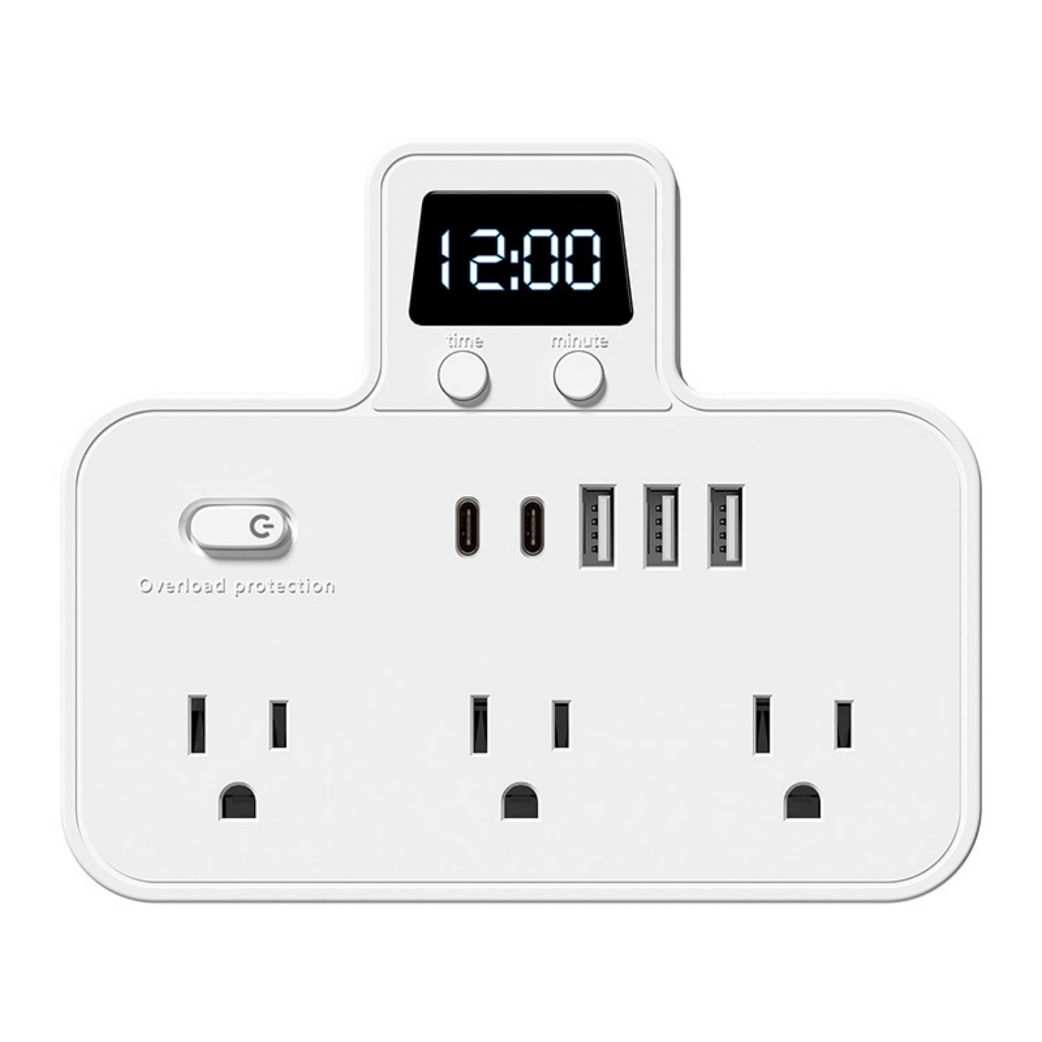 BEISHINK Comes With a Digital Clock Socket Extender, 6 Socket Surge Protectors, and 3 USB-A Ports (3 USB C) Wall Chargers, Suitable for Power Boards in Homes, Offices, and Dormitories
