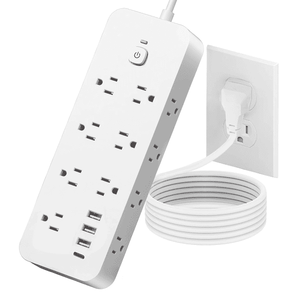 BEISHINK Power Board Surge Protector, Flat Plug Extension Cord of 5 Feet, with 14 Sockets and 4 USB Chargers, 1875J Multi-Plug Board, Suitable for Home, Office, University Dormitory Rooms, White