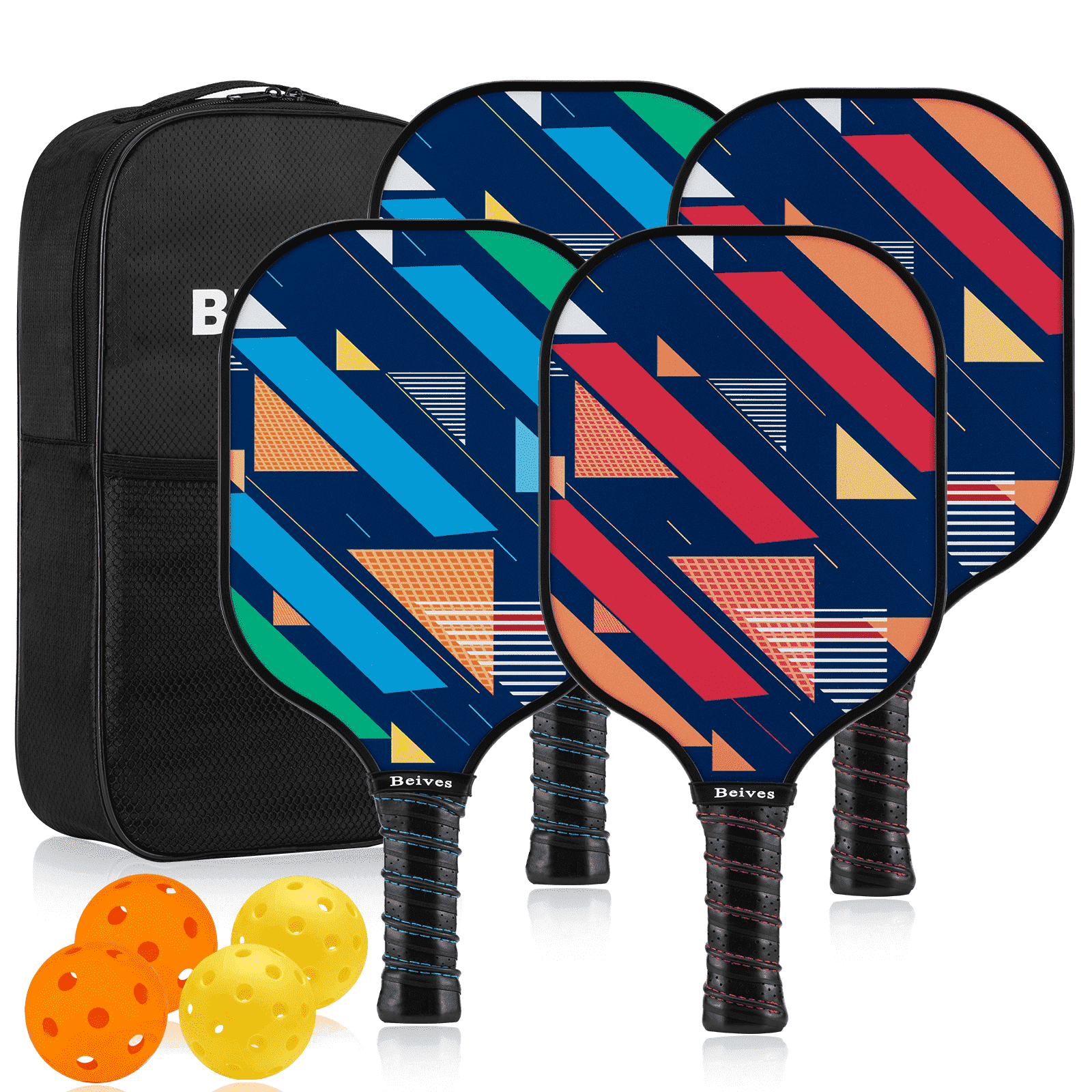 BEIVES Durable Fiberglass Pickleball Paddle 4-Paddle Set - Includes 4 Balls & Carry Bag, Perfect for Family & All Skill Levels