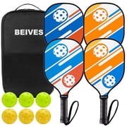 BEIVES Wood Pickleball Paddles Set of 4 - Pickle Ball Rackets with Indoor Outdoor Balls & Bag