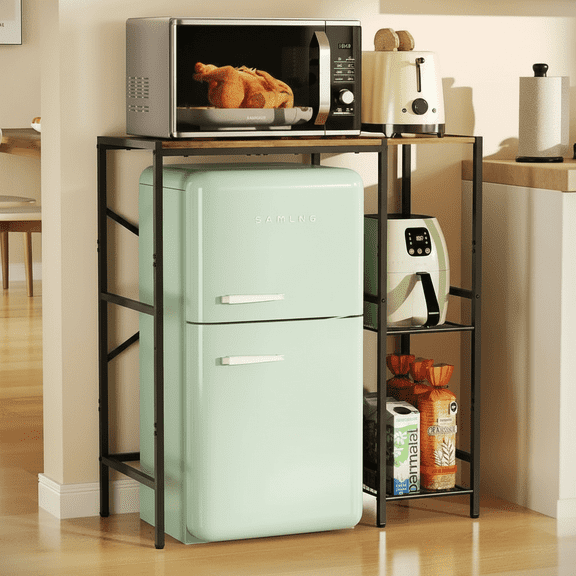 BEJOLO 3-in-1 Bakers Rack with Mini Fridge Shelf, Microwave Stand & Coffee Bar Station, Freestanding Kitchen Storage Organizer, Rustic Brown and Black