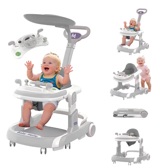 BEJOLO 5-in-1 Baby Walker with Adjustable Height, Removable Seat & Toy Tray – Non-Slip Design for Infants (Grey)