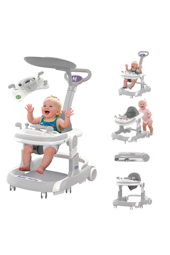5-in-1 Baby Walker with Adjustable Height, Removable Seat & Toy Tray – Non-Slip Design for Infants (Grey)