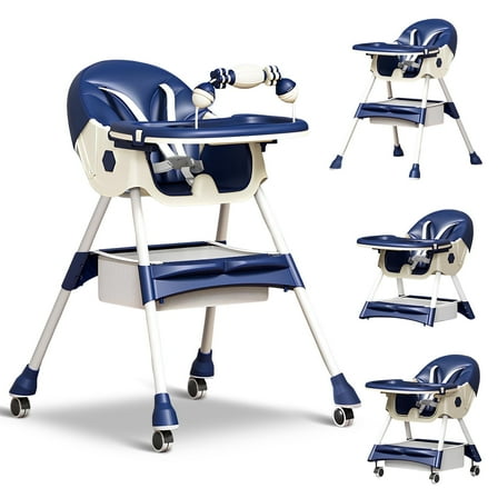 BEJOLO Baby High Chair, 4-in-1 Foldable Highchair Dining Feeding Chair with Double Dining Plate & Toy Rack, Infant to Toddler, Blue