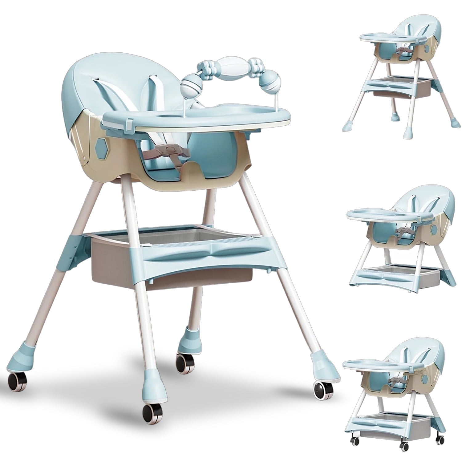 BEJOLO Baby High Chair, 4-in-1 Foldable Highchair Dining Feeding Chair with Double Dining Plate & Toy Rack, Infant to Toddler, Mint Blue