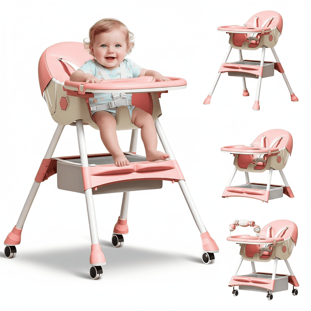 BEJOLO Baby High Chair, 4-in-1 Foldable Highchair Dining Feeding Chair with Double Dining Plate & Toy Rack, Infant to Toddler, Pink