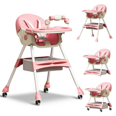 BEJOLO Baby High Chair, 4-in-1 Foldable Highchair Dining Feeding Chair with Double Dining Plate & Toy Rack, Infant to Toddler, Pink