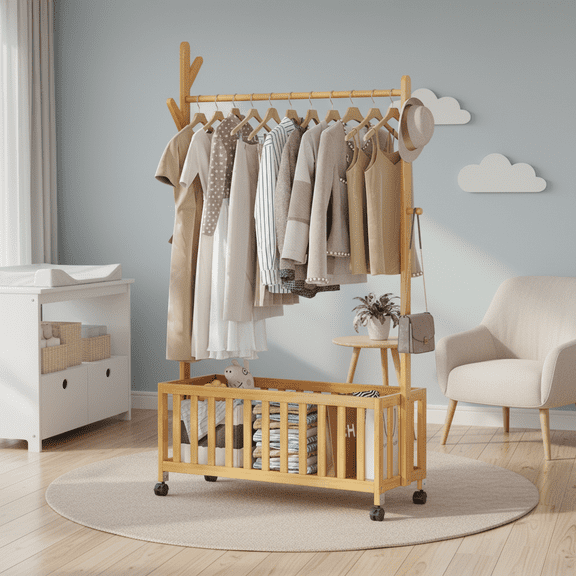 BEJOLO Bamboo Clothes Rack with Storage Box, Portable Garment Wardrobe Organizer for Bedroom and Entryway, Log color