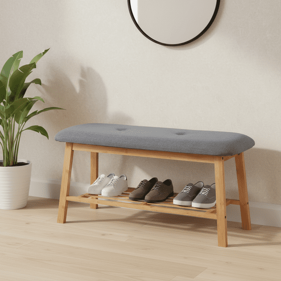 BEJOLO Bamboo Shoe Bench with Cushion, 2-Tier Entryway Storage Organizer with Seat for Hallway, (36.22''L, Grey)