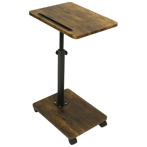 BEJOLO C Shaped Side Table with Wheels, Adjustable Height Tea Table, Fits Most Couches/Beds, Rectangular, Wood Color