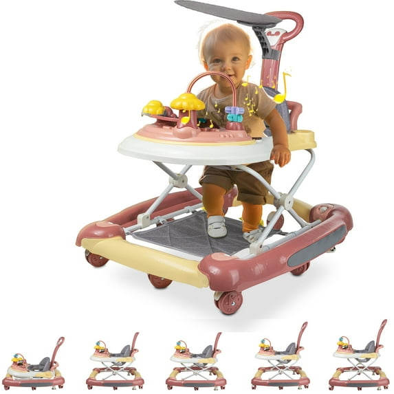 BEJOLO Foldable Baby Walker for Boys Girls, Baby Toys Sit to Stand Activity Center with Wheels, Seat and Height Adjustable 6 to 12 Months (Pink)