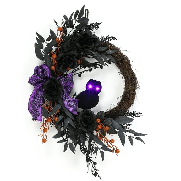 BEKAY 20inch Halloween Wreath with Lighted Eyes,Prelit Black Halloween Wreath with Artificial Roses Willow Leaves Ribbon for Halloween Decorations