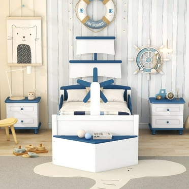 BEKAY 3-Pieces Twin Size Platform Bed with Trundle 2 Nightstands Boat-Shaped Platform Bed Bedroom Sets for Toddler Kids
